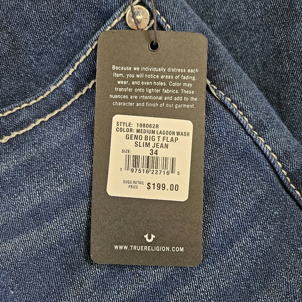 True Religion Geno Relaxed Slim Blue Jeans Big T Flap Slim Medium Lagoon Size 34 - Picture 2 of 7